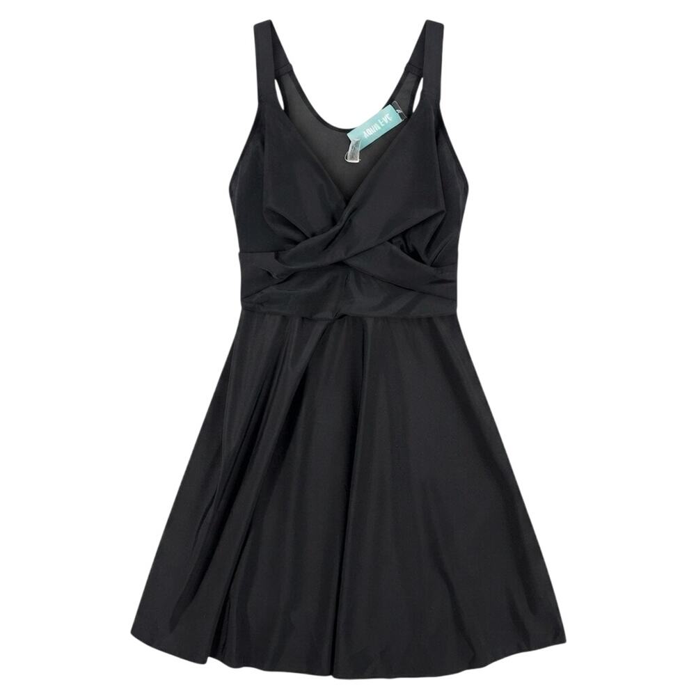 Aqua Eve Black Plus Size 16W V-Neck Cross Over Swimdress Swimwear Bathing Suit